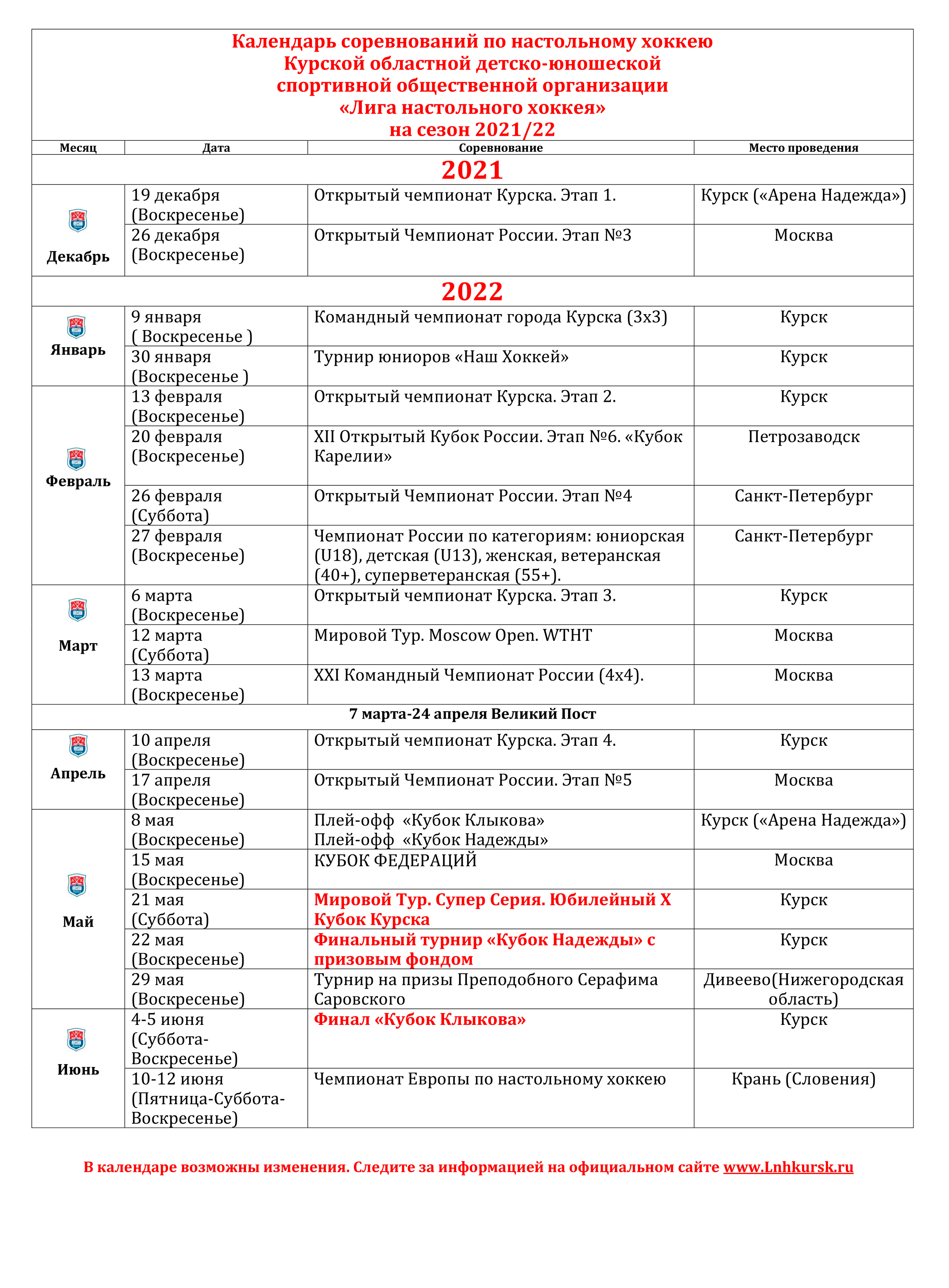 Календарь соревнований на год Курская Лига настольного хоккея - Главная